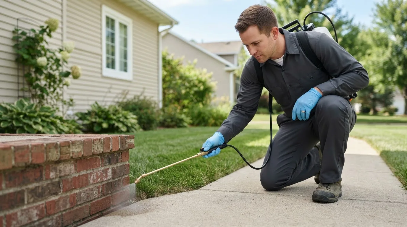 Pest control technician treating a home near Muldrow, OK