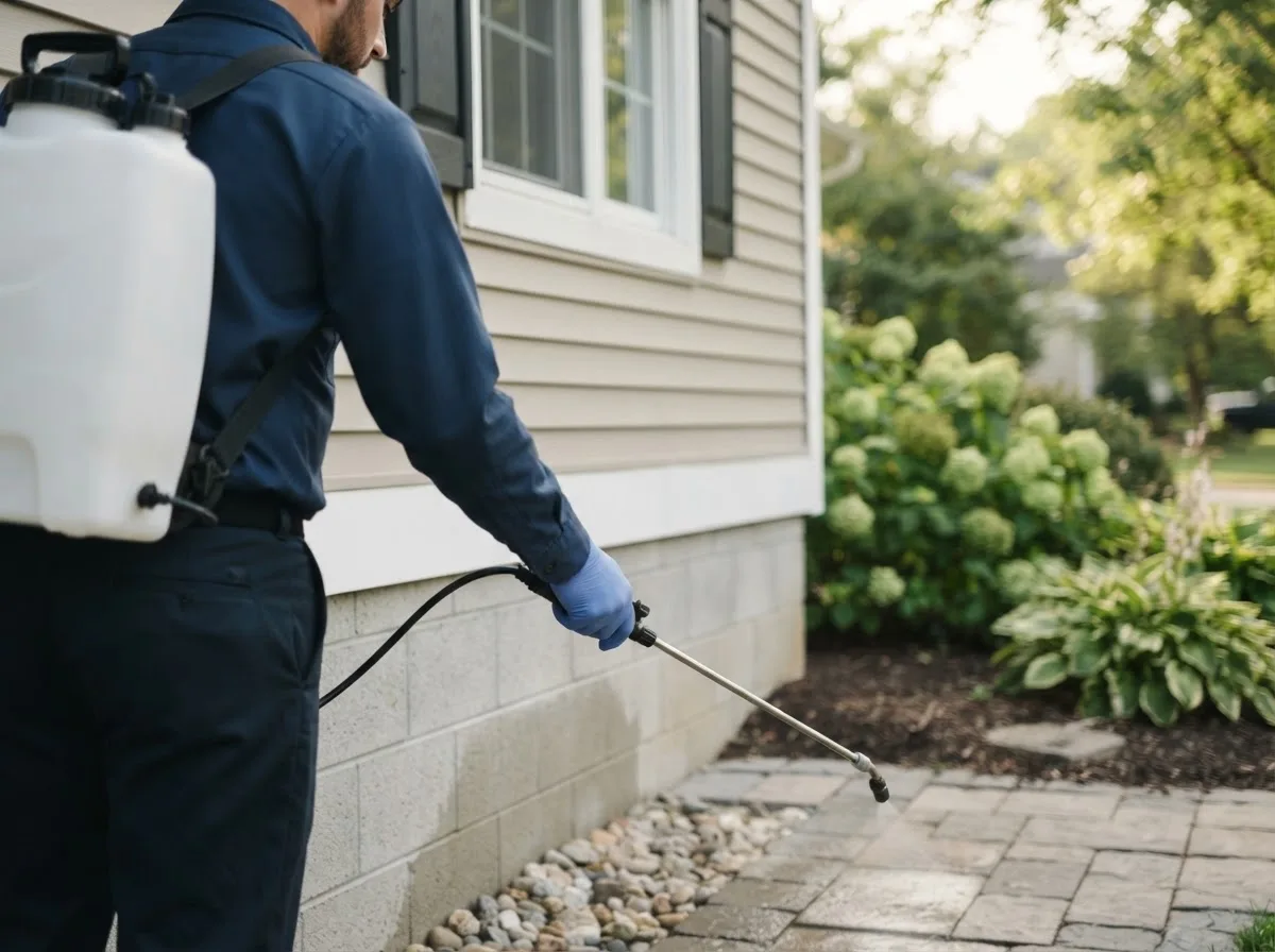 Pest control technician inspecting a home in Muldrow, OK